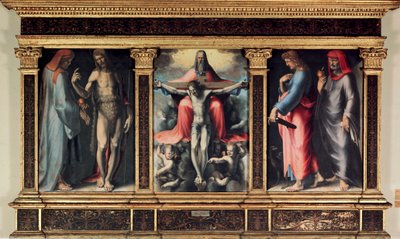 Trittico della Trinità: San Cosma, San Giovanni Battista, la Trinità, San Giovanni Evangelista e San Damiano. Insegna 
