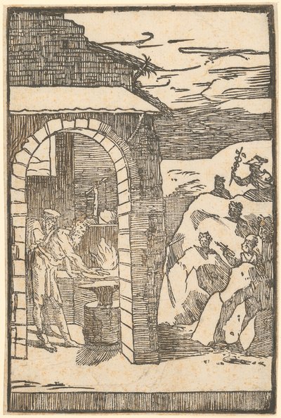 Vulcano e il Filosofo (Teoria) lavorano nella fucina, mentre fuori i metalli si nascondono nelle rocce, foglio 1 della serie "De la Pirotechnia" da Domenico Beccafumi