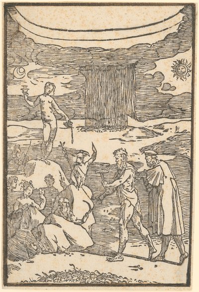 Vulcano e il Filosofo (Teoria) si mettono alla ricerca dei metalli racchiusi nelle rocce, foglio 2 della serie "De la Pirotechnia" da Domenico Beccafumi