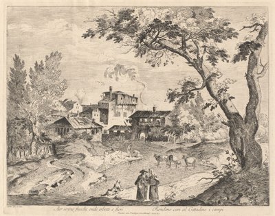 Villaggio Rustico lungo un Fiume con Viaggiatori da Domenico Bernardo Zilotti