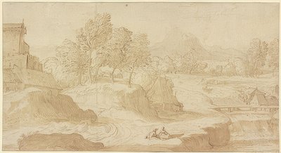 Paesaggio figurativo, a destra un fiume con un ponte vicino a mulini, davanti due figure sedute da Domenico Campagnola