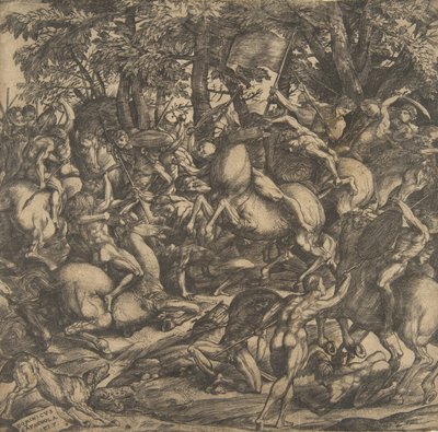 Gruppo di uomini nudi impegnati in battaglia in un paesaggio boschivo, alcuni a cavallo, un cane in basso, 1517 da Domenico Campagnola