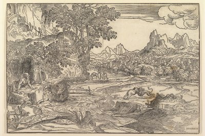 Paesaggio con San Girolamo a sinistra che guarda verso un leone e un orso che combattono al centro da Domenico Campagnola