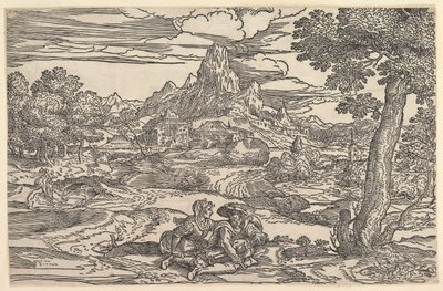 Paesaggio con donna seduta accanto a un uomo che suona la ghironda, ca. 1540 da Domenico Campagnola
