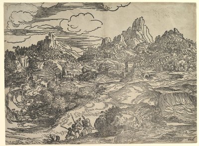 Paesaggio con famiglia che cammina in primo piano, a sinistra due figure con da Domenico Campagnola
