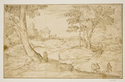 Paesaggio con pellegrini che si avvicinano a una chiesa da Domenico Campagnola