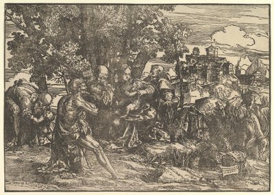 Maria seduta sotto gli alberi con il bambino, affiancata da Giuseppe a sinistra e San Girolamo a destra da Domenico Campagnola