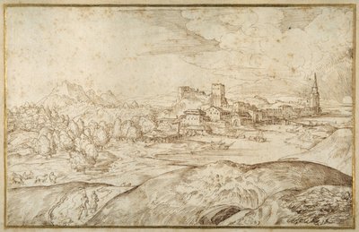 Paesaggio montuoso con un fiume e una città fortificata con una torre con guglia da Domenico Campagnola