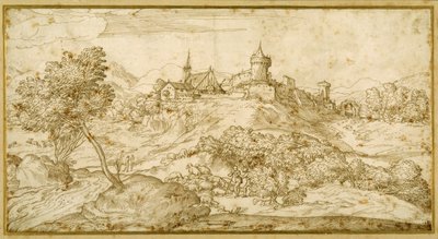 Paesaggio montuoso con una città collinare fortificata: un pastore avvicinato mentre cura il suo gregge in primo piano da Domenico Campagnola
