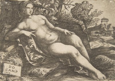 Donna nuda Venere reclinata in un paesaggio da Domenico Campagnola