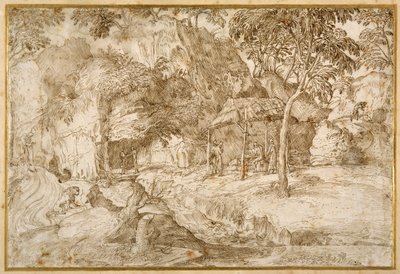 Pellegrini che visitano San Girolamo nel deserto da Domenico Campagnola