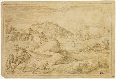 Paesaggio fluviale con San Rocco e un bambino che viaggia con un cane da Domenico Campagnola