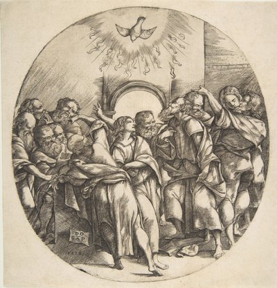 Lo Spirito Santo come un uccello che scende con le ali spiegate al centro superiore, i dodici Apostoli ..., 1518 da Domenico Campagnola