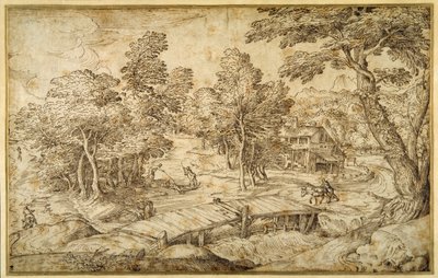 Paesaggio boscoso con una fattoria e un ponte di legno su una chiusa da Domenico Campagnola