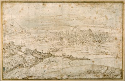 Paesaggio boscoso con un fiume tortuoso; in lontananza una città, un misto di guglie e cupole con rovine antiche da Domenico Campagnola
