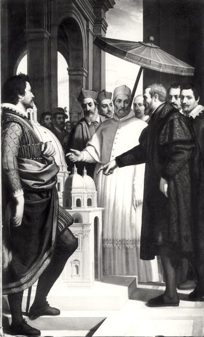 Michelangelo (1475-1564) presenta un modello della cupola di San Pietro a Papa Paolo IV (1476-1559) da Domenico Cresti
