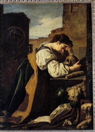 Melancholia Una giovane donna triste si china su un teschio, una sfera armillare dietro di lei. Dipinto (Vanitas) di Domenico Feti (1589-1624) da Domenico Feti