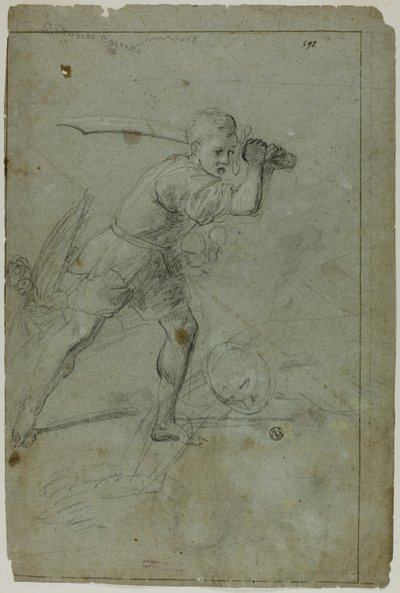 Davide che decapita Golia (recto); Schizzo di figura femminile drappeggiata con braccio destro sollevato sopra la testa (verso) da Domenico Fiasella