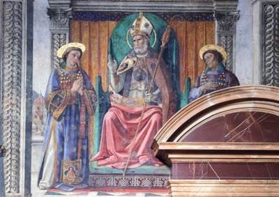San Zenobio, vescovo e protettore di Firenze, tra i santi Eugenio e Crescenzio e Marzocco, il leone, simbolo della città di Domenico Ghirlandaio (1449-1494), affresco, dettaglio, Palazzo Vecchio, Sala dei Gigli, Firenze da Domenico Ghirlandaio