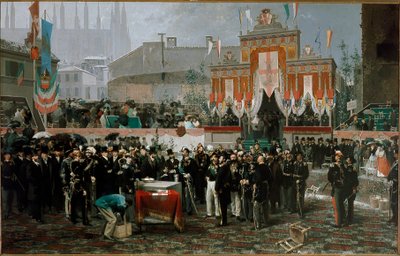 Cerimonia per la posa della prima pietra della Galleria Vittorio Emanuele II il 7 marzo 1865 (olio su legno) da Domenico Induno