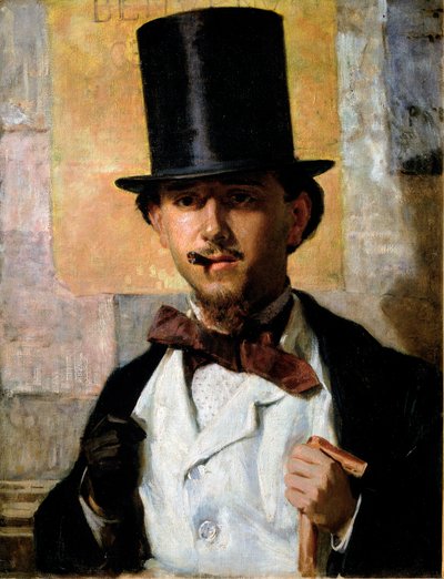 Ritratto del pittore italiano Bernardo Celentano (1835-1863). Uomo elegante con cilindro e abito, cravatta a farfalla, bastone e guanto. 1859. Roma, Galleria Nazionale d