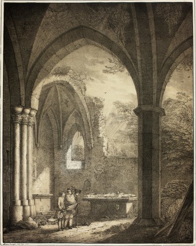 Rovina della Chiesa di Nostra Signora con le lapidi di Genevieve e del Conte Palatino Siegfried nella valle della Mosella vicino ad Andernach, dalla Collezione di edifici medievali memorabili in Germania da Domenico Quaglio