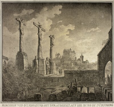Cimitero di San Giovanni con vista sulla città di Norimberga, da Collezione di edifici medievali memorabili in Germania da Domenico Quaglio