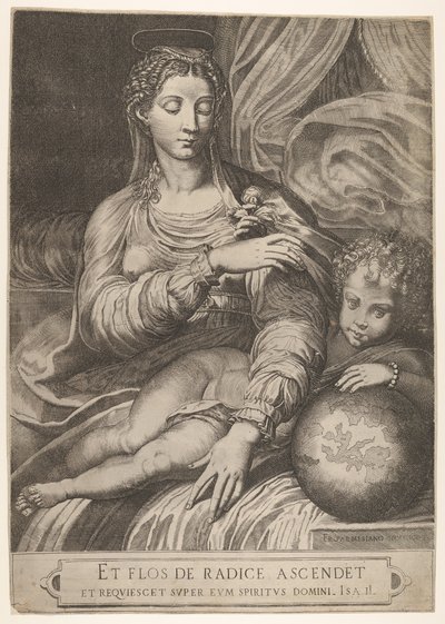 Madonna della Rosa, raggiunge una rosa tenuta dal bambino Gesù, che riposa il suo... (dettaglio), 1560-75 da Domenico Tibaldi