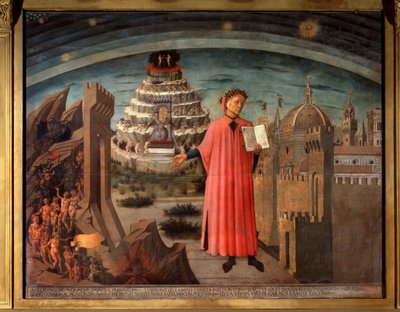 Dante Alighieri e la sua commedia. Ritratto di Dante nella Divina Commedia da Domenico di Michelino