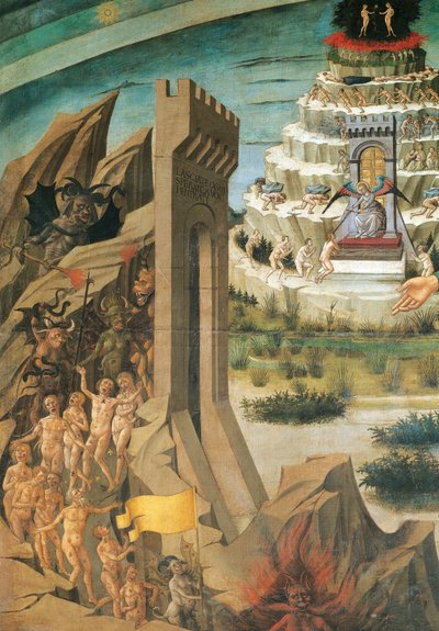Figure dei dannati, dettaglio da Dante che tiene la Divina Commedia, affresco di Domenico di Michelino, Cattedrale di Santa Maria del Fiore, Firenze, Italia da Domenico di Michelino
