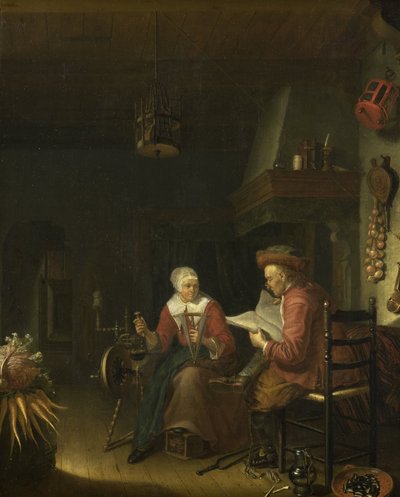 Interno con un uomo che legge e una donna che fila il filo da Domenicus van Tol