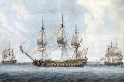 Ritratto di una nave britannica da 74 cannoni, nel Solent (Inghilterra), vista da tre angolazioni diverse da Dominic Serres
