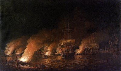 Guerra dei sette anni: navi da guerra francesi attaccano la flotta britannica al largo di Quebec City di notte, il 28 giugno 1759 da Dominic Serres