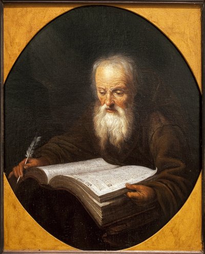 Un monaco che legge, una piuma in mano. Dipinto di Domenicus Van Tol (1635-1676), olio su tela, di Gerrit Dou (1613-1675). Arte fiamminga da Dominicus van Tol