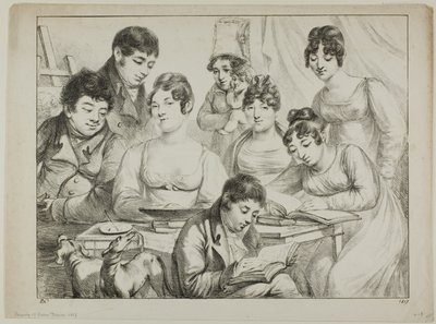Conversazione, una famiglia che disegna e legge, la bambinaia che tiene un neonato, un ritratto del principe Edmond de Beauvau dietro una sedia, e ritratti di Madame Lavallée e Madame Vallory, entrambe sedute da Dominique Vivant Denon