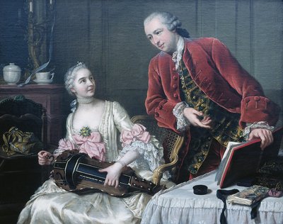 Ritratto di Monsieur et Madame de Corcelles che suonano musica in un interno da Donat Nonotte