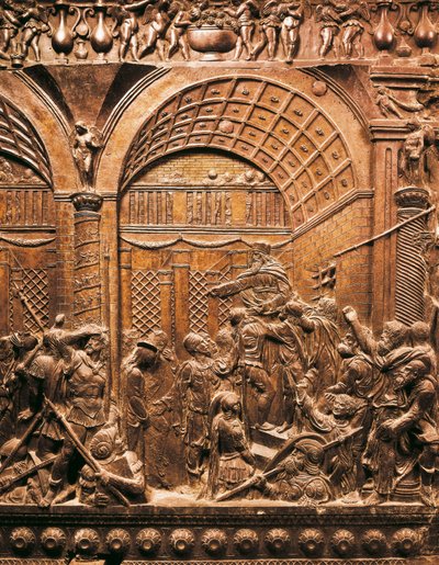 Arte del Rinascimento (Quattrocento): Cristo condotto davanti a Caifa. 1460. Bassorilievo in bronzo da Donatello