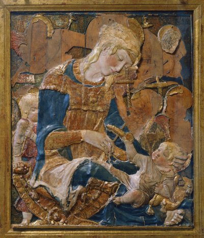 Madonna con Bambino, attribuito a Donato di Niccolò di Betto Bardi detto Donatello, rilievo in terracotta, Italia da Donatello