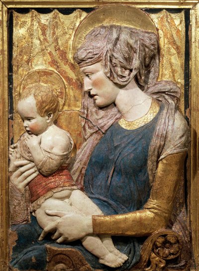 Vergine e Bambino, ca 1440, di Donatello, rilievo in terracotta dipinta e dorata da Donatello