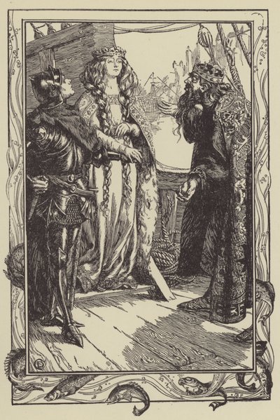 Re Anguish dà Isolt a Sir Tristram (litografia) da Dora Curtis