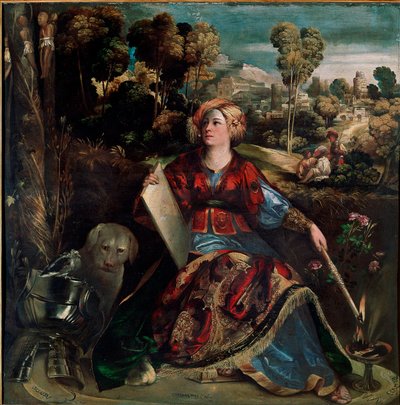 Circe la maga. La strega è rappresentata sulla sua isola con vegetazione lussureggiante, accompagnata da un cane, con armature a terra. Dipinto di Giovanni Luteri detto Dosso Dossi, circa 1530. Roma, Galleria Borghese da Dosso Dossi
