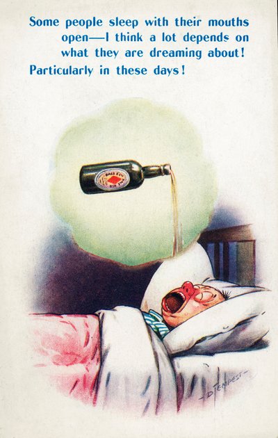 Alcolismo: uomo che dorme con la bocca aperta sognando la birra (litografia a colori) da Douglas Tempest