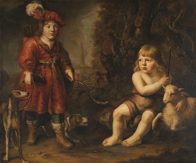 Ritratti di due ragazzi in un paesaggio, uno vestito da cacciatore, l