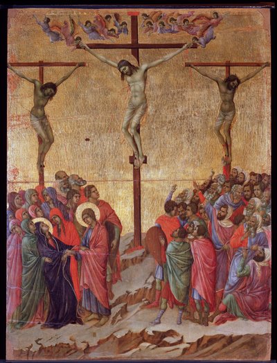 La crocifissione. Ai lati, il buon ladrone (Dismas) e il ladrone impenitente (Gestas). Pala della Maestà da Duccio di Buoninsegna