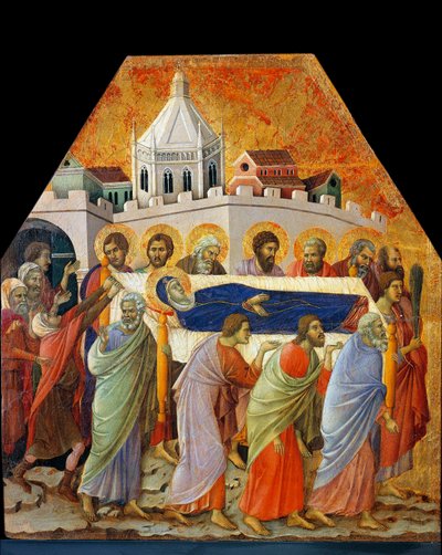 Il funerale della Vergine, San Giovanni con la palma apre la strada da Duccio di Buoninsegna