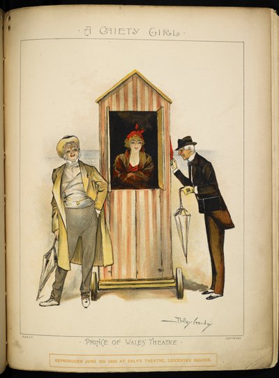 Una ragazza in una cabina mobile per cambiarsi, sulla spiaggia della Riviera. Due uomini, forse i personaggi, il giudice e il cappellano, aspettano fuori. da Dudley Hardy