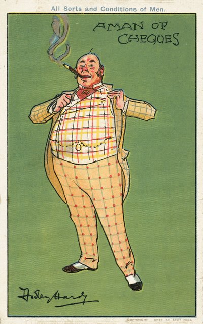 Un uomo di assegni: un uomo grasso e ricco che indossa un abito a quadri da Dudley Hardy