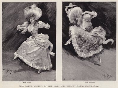 La cantante e ballerina inglese di music hall Lottie Collins che esegue la sua popolare canzone Ta-Ra-Ra-Boom-De-Ay da Dudley Hardy