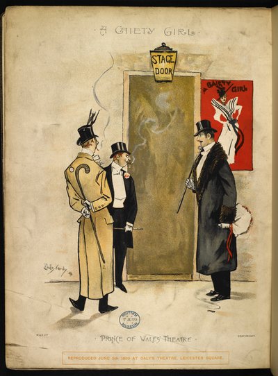 Tre gentiluomini che aspettano fuori dalla porta del palco, per far uscire le ragazze del Gaiety. da Dudley Hardy