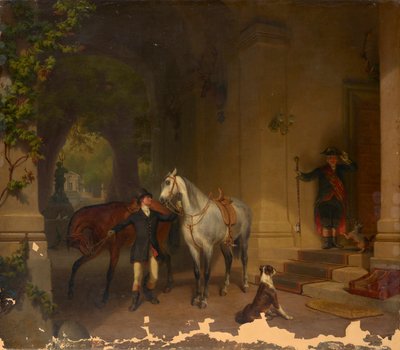 Cavaliere con due cavalli davanti al castello da Düsseldorfer Maler um 1850